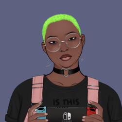 Black woman with green hair, holding a Nintendo Switch